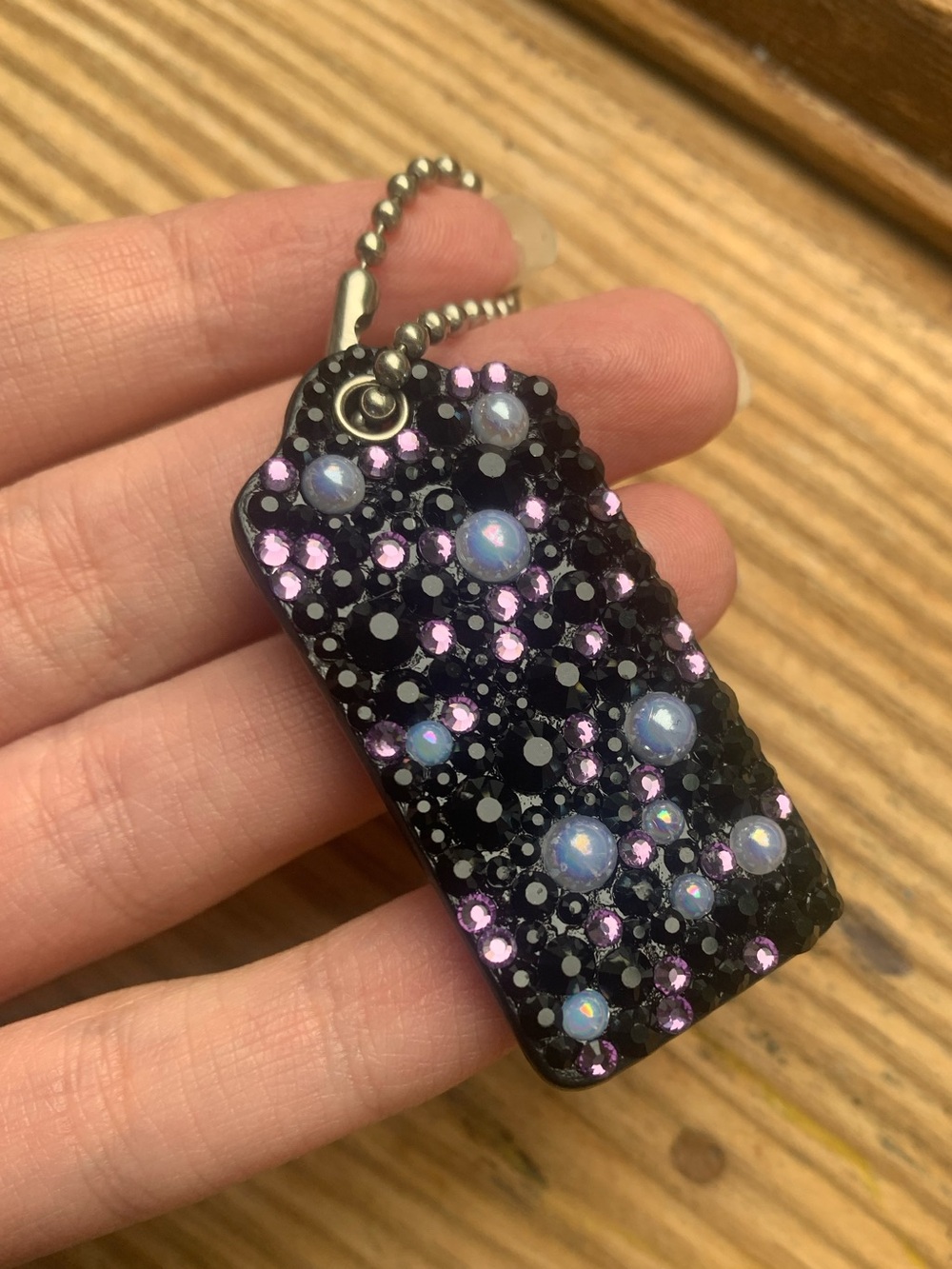 Coach Black Patent Hang tag with Purple, Pearl & Black Rhinestones
